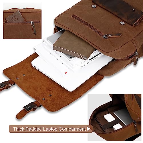 Modoker Waxed Canvas Backpack, Leather Rucksack Knapsack for Men Woman Satchel Backpack, Vintage Travel Laptop Backpack 15.6 Inch Retro Flap Backpacks Canvas Carry On Casual Bookbag Daypack Brown