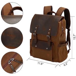 Modoker Waxed Canvas Backpack, Leather Rucksack Knapsack for Men Woman Satchel Backpack, Vintage Travel Laptop Backpack 15.6 Inch Retro Flap Backpacks Canvas Carry On Casual Bookbag Daypack Brown