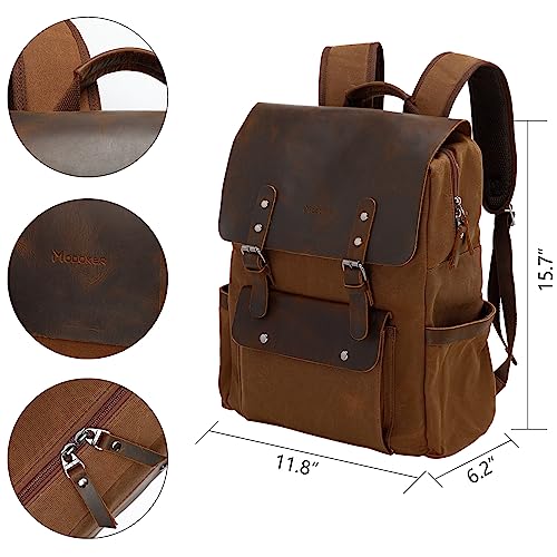 Modoker Waxed Canvas Backpack, Leather Rucksack Knapsack for Men Woman Satchel Backpack, Vintage Travel Laptop Backpack 15.6 Inch Retro Flap Backpacks Canvas Carry On Casual Bookbag Daypack Brown