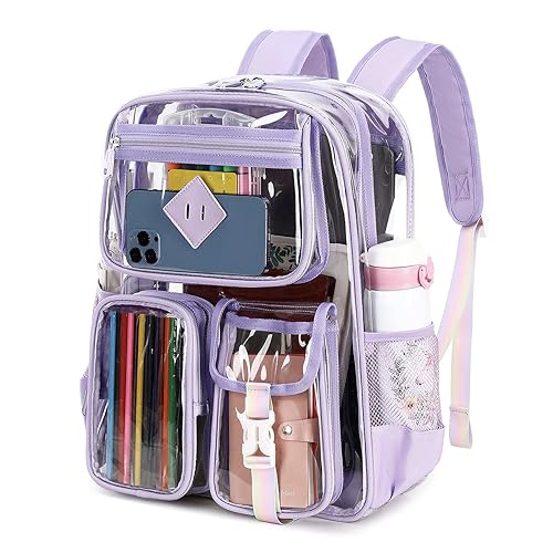 PIG PIG GIRL Clear Backpack Stadium Approved, Heavy Duty PVC Transparent Book Bag for Girls See Through Backpack for School for Women for College Work Travel Festival,Purple