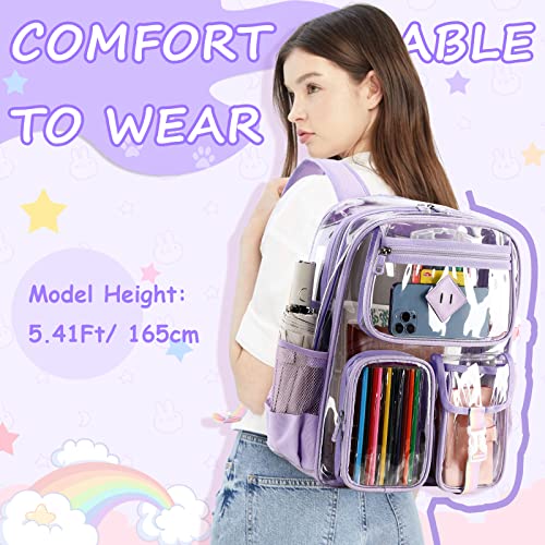 PIG PIG GIRL Clear Backpack Stadium Approved, Heavy Duty PVC Transparent Book Bag for Girls See Through Backpack for School for Women for College Work Travel Festival,Purple