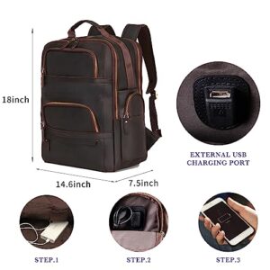 ZHYOL Full Grain Leather Backpack for Men 17.3 Inch Laptop Bag Vintage Travel Hiking Rucksack Casual Weekender Daypack