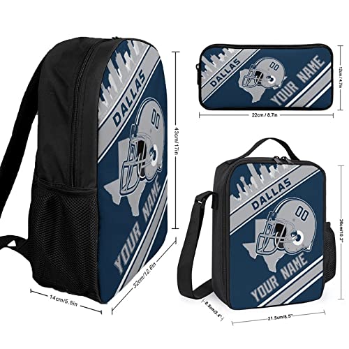 Quzeoxb Custom Dallas Backpack 3Pcs Personalized School Backpacks with Lunch Box Pen Pouch Gift for Boys Girls