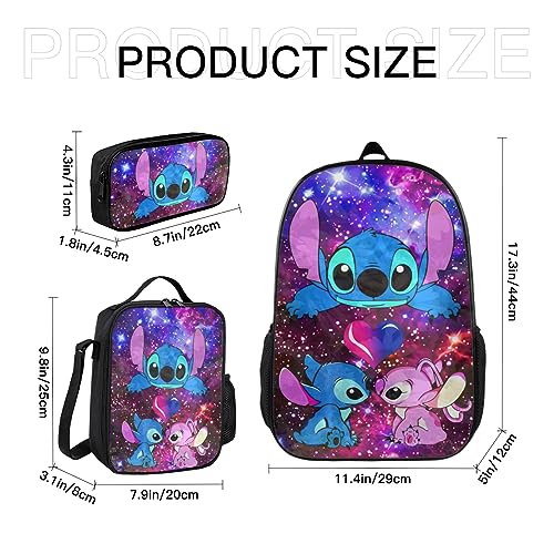 DESHOES 3PCS Anime Backpack 17 Inch School Backpacks With Lunch Box Pencil Case Set Casual Daypack Travel Stuff Insulated Tote Bag Bookbag For Kids Girls Boys Adults Women Men Gifts