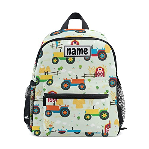 Glaphy Custom Kid's Name Backpack, Farm Tractors Cars Pattern Toddler Backpack for Daycare Travel Personalized Name Preschool Bookbag for Boys Girls