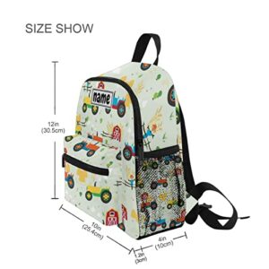 Glaphy Custom Kid's Name Backpack, Farm Tractors Cars Pattern Toddler Backpack for Daycare Travel Personalized Name Preschool Bookbag for Boys Girls