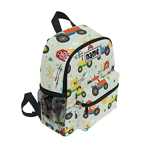 Glaphy Custom Kid's Name Backpack, Farm Tractors Cars Pattern Toddler Backpack for Daycare Travel Personalized Name Preschool Bookbag for Boys Girls