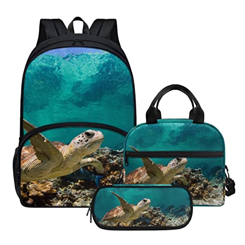 AmzPrint Sea Turtle Backpack With Lunch Box For Girls Boys Kids For Preschool Elementary Middle School Backpack Set