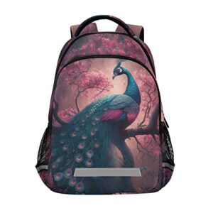 nfmili peacock pink flower kids backpack lightweight middle school elementary bookbags for boys girls school bag with chest strap 11.6 x 6.9 x 16.7 in