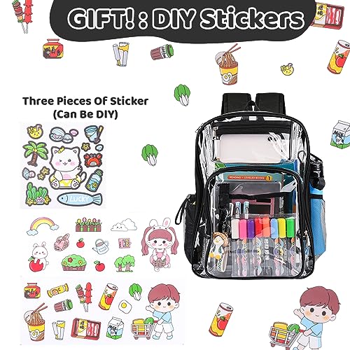 IvyH Clear Backpack Stadium Approved See Through Bookbag for School Heavy Duty PVC Transparent Backpack with DIY Stickers, Waterproof, Black