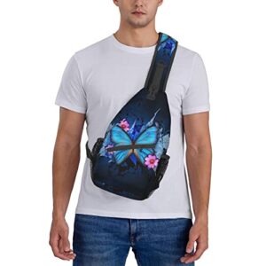 SURERUIM Blue Butterfly Sling Bag Crossbody Shoulder Backpack Blue Butterfly with Pink Flowers on Black Background Aesthetic Art Print Chest Bag Cute Insect Print Travel Hiking Daypack for Men Women