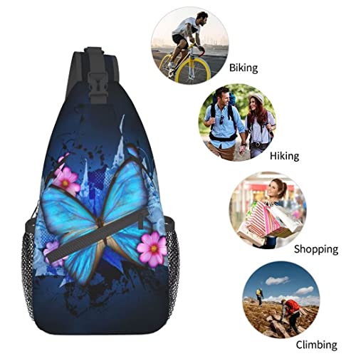 SURERUIM Blue Butterfly Sling Bag Crossbody Shoulder Backpack Blue Butterfly with Pink Flowers on Black Background Aesthetic Art Print Chest Bag Cute Insect Print Travel Hiking Daypack for Men Women