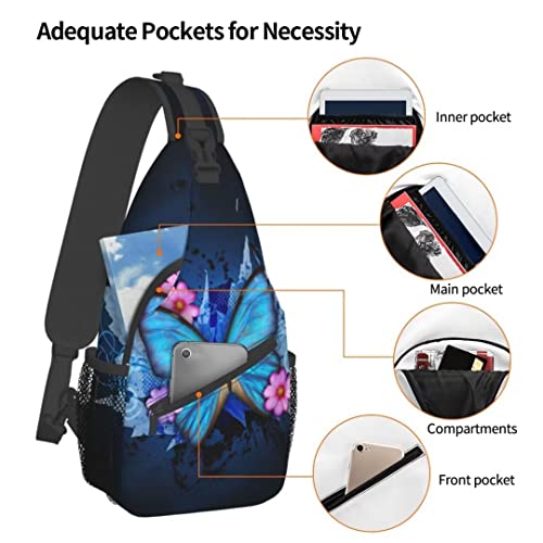 SURERUIM Blue Butterfly Sling Bag Crossbody Shoulder Backpack Blue Butterfly with Pink Flowers on Black Background Aesthetic Art Print Chest Bag Cute Insect Print Travel Hiking Daypack for Men Women