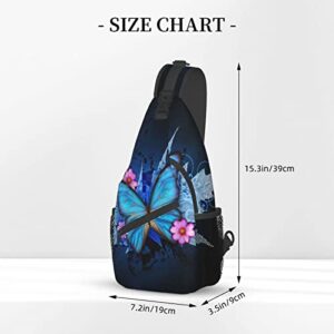 SURERUIM Blue Butterfly Sling Bag Crossbody Shoulder Backpack Blue Butterfly with Pink Flowers on Black Background Aesthetic Art Print Chest Bag Cute Insect Print Travel Hiking Daypack for Men Women