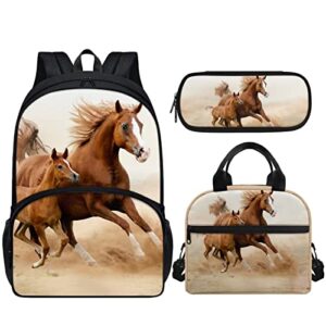amzprint horse backpacks for girls with lunch box,elementary school bags3 in 1 bookbag set camping childrens backpack