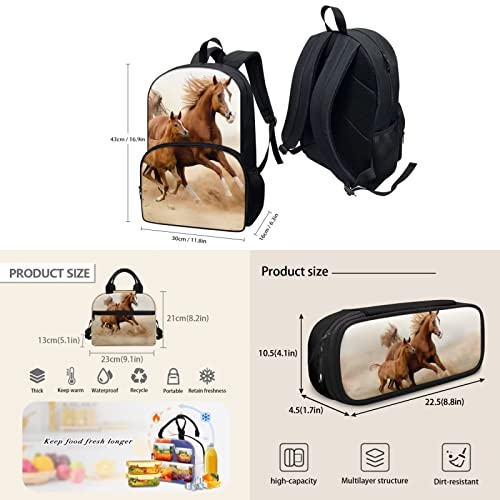 AmzPrint Horse Backpacks For Girls With Lunch Box,Elementary School Bags3 In 1 Bookbag Set Camping Childrens Backpack