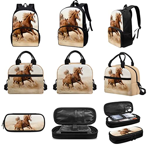 AmzPrint Horse Backpacks For Girls With Lunch Box,Elementary School Bags3 In 1 Bookbag Set Camping Childrens Backpack