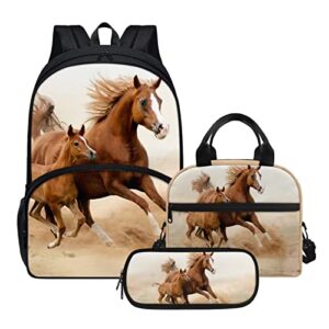 AmzPrint Horse Backpacks For Girls With Lunch Box,Elementary School Bags3 In 1 Bookbag Set Camping Childrens Backpack