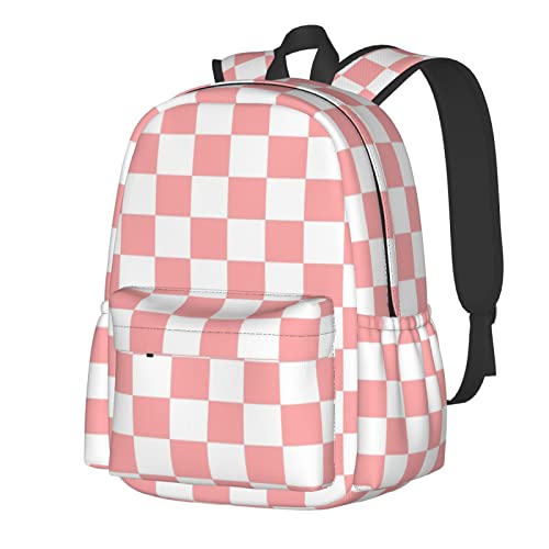 Pink White Checkered Backpack Adjustable Strap Shoulder Bag Laptop Backpack Casual Daypack