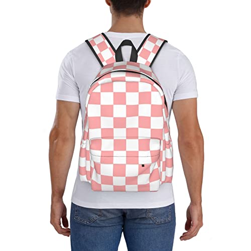 Pink White Checkered Backpack Adjustable Strap Shoulder Bag Laptop Backpack Casual Daypack