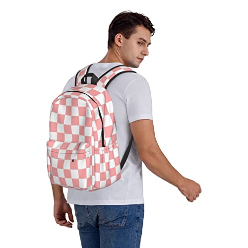 Pink White Checkered Backpack Adjustable Strap Shoulder Bag Laptop Backpack Casual Daypack