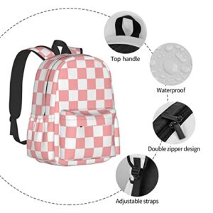 Pink White Checkered Backpack Adjustable Strap Shoulder Bag Laptop Backpack Casual Daypack