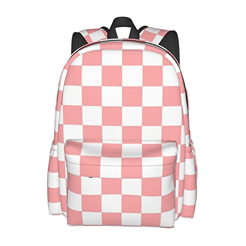 Pink White Checkered Backpack Adjustable Strap Shoulder Bag Laptop Backpack Casual Daypack