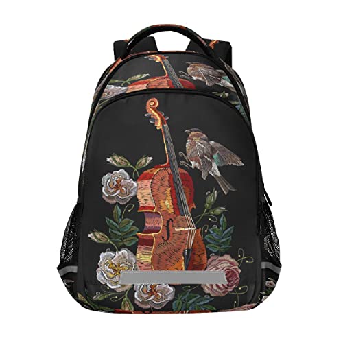 Embroidery Musical Violin Backpack Lightweight Shoulder Bag, Bird Pink Roses Laptop Backpack Casual Daypack with Safe Reflective Stripes for Daily Hiking Camping