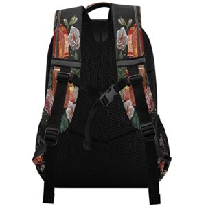 Embroidery Musical Violin Backpack Lightweight Shoulder Bag, Bird Pink Roses Laptop Backpack Casual Daypack with Safe Reflective Stripes for Daily Hiking Camping