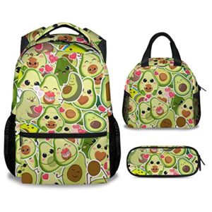 pakkitop avocado backpack with lunch box and pencil case set, 3 in 1 matching kids girls boys green backpacks combo, cute school bookbag and pencil case bundle