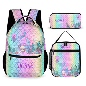 mrokouay mermaid fish scale rainbow custom backpack for boys girls add your name personalized backpack 3 piece set customization book bag with lunch bag and pencil case