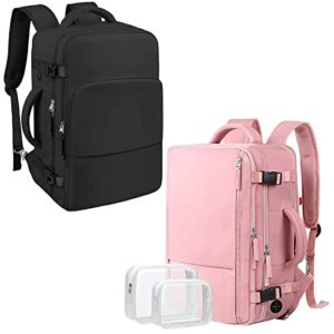 Large Travel Backpack (2 Pieces Pink & Pink) as Person Item Flight Approved, 35L or 40L Carry On Backpack, 16 Inch or 17 Inch Laptop Backpack, Waterproof Backpack, Durable College Bookbag, Hiking Bag