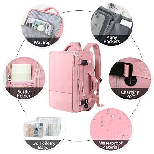 Large Travel Backpack (2 Pieces Pink & Pink) as Person Item Flight Approved, 35L or 40L Carry On Backpack, 16 Inch or 17 Inch Laptop Backpack, Waterproof Backpack, Durable College Bookbag, Hiking Bag