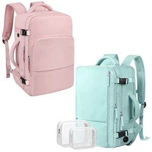 large travel backpack (2 pieces pink & pink) as person item flight approved, 35l or 40l carry on backpack, 16 inch or 17 inch laptop backpack, waterproof backpack, durable college bookbag, hiking bag