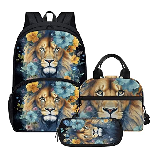 AmzPrint Lion Backpack And Lunch Box Rolling Backpack 18 Inch With Lunch Bag And Pencil Case Wheeled School Backpack For Boys And Girls