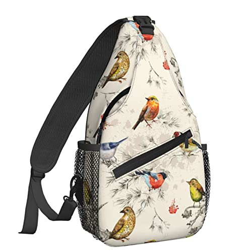 NiuKom Vintage Birds Watercolor Crossbody Bags for Women Trendy Sling Backpack Men Chest Shoulder Bag Gym Cycling Travel Hiking Daypack