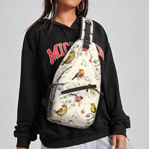 NiuKom Vintage Birds Watercolor Crossbody Bags for Women Trendy Sling Backpack Men Chest Shoulder Bag Gym Cycling Travel Hiking Daypack