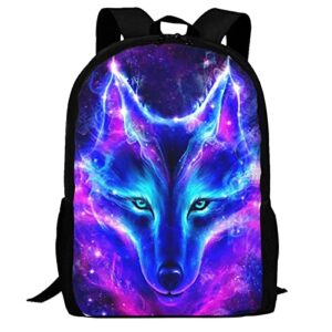 viythuw purple blue galaxy wolf backpack, simple and aesthetic bookbag for women men, lightweight adjustable black backpack for travel outdoor sports, large capacity laptop bag for business office