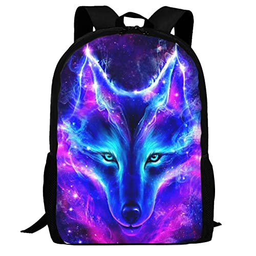 Viythuw Purple Blue Galaxy Wolf Backpack, Simple and Aesthetic Bookbag for Women Men, Lightweight Adjustable Black Backpack for Travel Outdoor Sports, Large Capacity Laptop Bag for Business Office