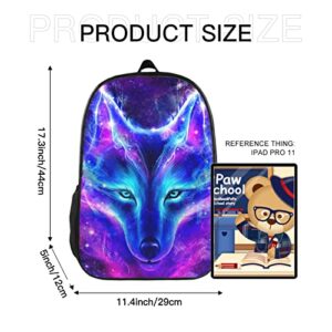 Viythuw Purple Blue Galaxy Wolf Backpack, Simple and Aesthetic Bookbag for Women Men, Lightweight Adjustable Black Backpack for Travel Outdoor Sports, Large Capacity Laptop Bag for Business Office