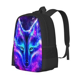 Viythuw Purple Blue Galaxy Wolf Backpack, Simple and Aesthetic Bookbag for Women Men, Lightweight Adjustable Black Backpack for Travel Outdoor Sports, Large Capacity Laptop Bag for Business Office