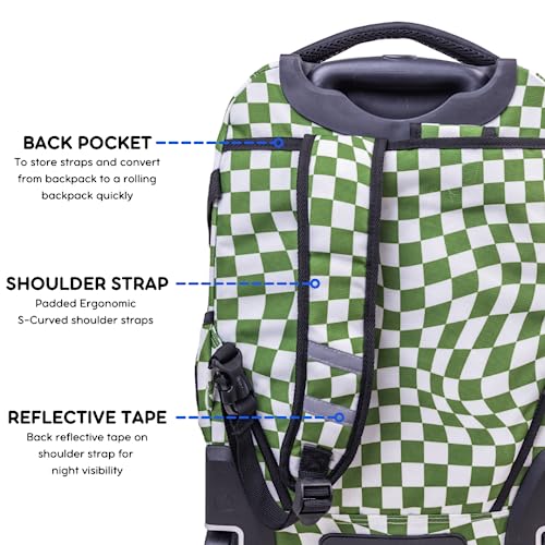 J World New York Lunar Rolling Backpack, Laptop Bag with Wheels, Matcha Checkers, 19.5"