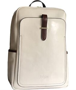 arkia women's genuine leather large laptop backpack - college travel business daypack (beige)