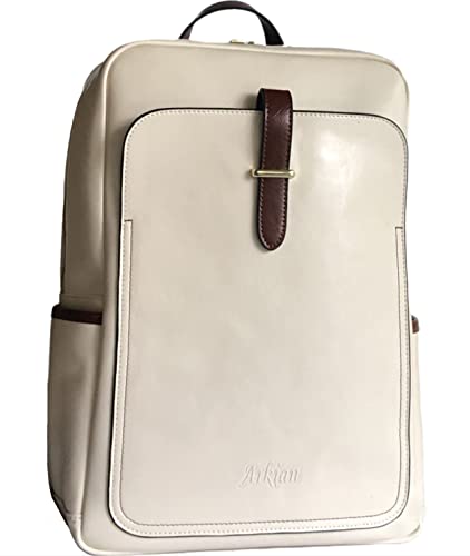 ARKIA Women's Genuine Leather Large Laptop Backpack - College Travel Business Daypack (Beige)