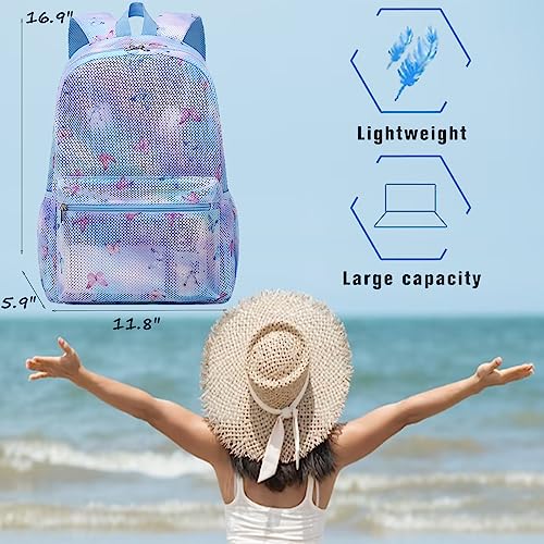 Jumpopack Mesh Backpack for Girls Kids Semi-Transparent Mesh School Backpack Bookbag Lightweight See Through Backpack for Beach Gym Travel(Butterfly)