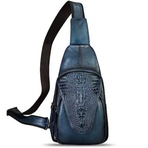 feigitor genuine leather sling bag embossed crocodile pattern leather crossbody sling backpack handmade chest purse daypack (navy blue)