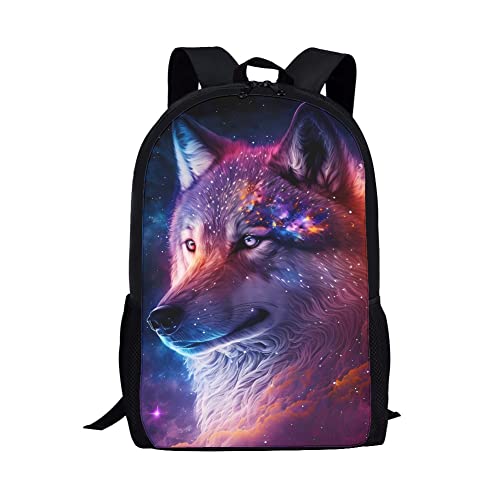 ZOCANIA Wolf Backpack for Boys Galaxy Purple Backpack for Kids 17 Inch Large Capacity Bookbag Purse for Elementary School/Middle School