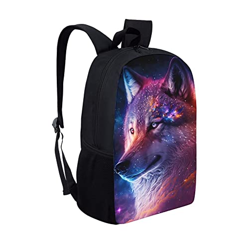 ZOCANIA Wolf Backpack for Boys Galaxy Purple Backpack for Kids 17 Inch Large Capacity Bookbag Purse for Elementary School/Middle School