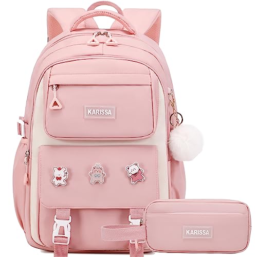 AO ALI VICTORY Backpack for Girls Set with Pencil Case 15.6 Inch Laptop School Bag Cute Kids Elementary College Backpacks Large Bookbags for Women Teens Students Anti Theft Travel Daypack - Pink