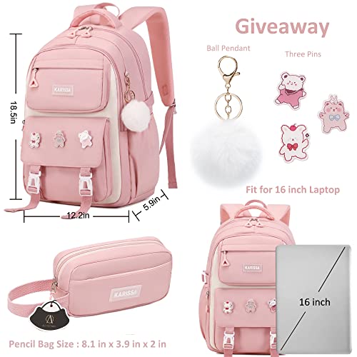 AO ALI VICTORY Backpack for Girls Set with Pencil Case 15.6 Inch Laptop School Bag Cute Kids Elementary College Backpacks Large Bookbags for Women Teens Students Anti Theft Travel Daypack - Pink